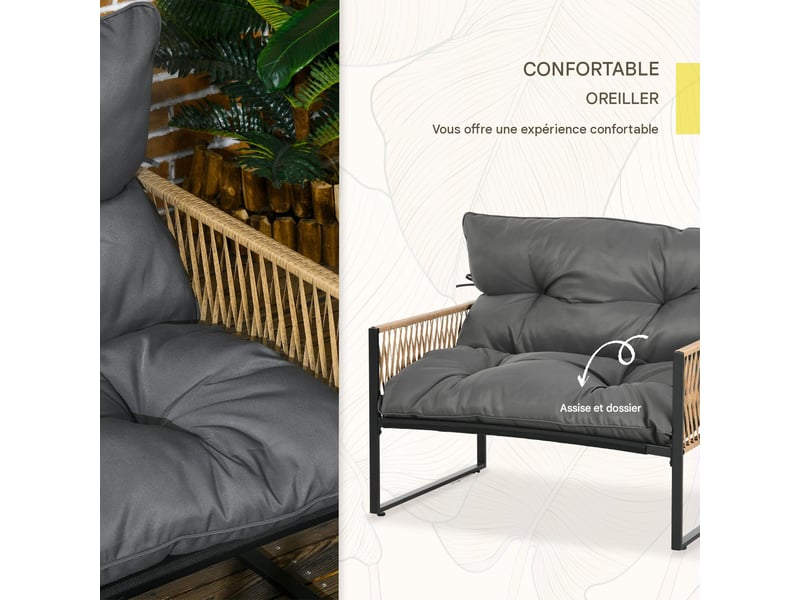  Salon de jardin 4 pièces canapé 2 fauteuils table verre résine tressée anthracite  - Conforama E
