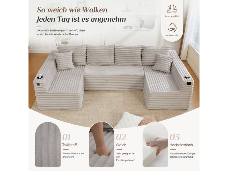  Canapé modulable en velours côtelé gris clair 320x155x88 cm, forme u, porte-gobelets, poches latérales, salon séjour 320x155x88cm - Conforama E