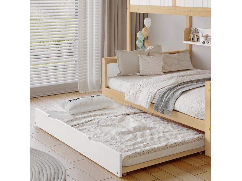  Lit superposé enfant 90x200 cm – blanc et naturel – 3 couchages avec lit gigogne et rangements – sans matelas  - Conforama B