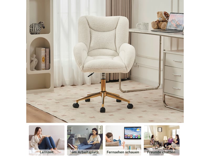  Chaise de bureau réglable pivotante - lpospi - dossier ergonomique, roulettes, teddy blanc 64 × 62 × 92,5 cm  - Conforama E