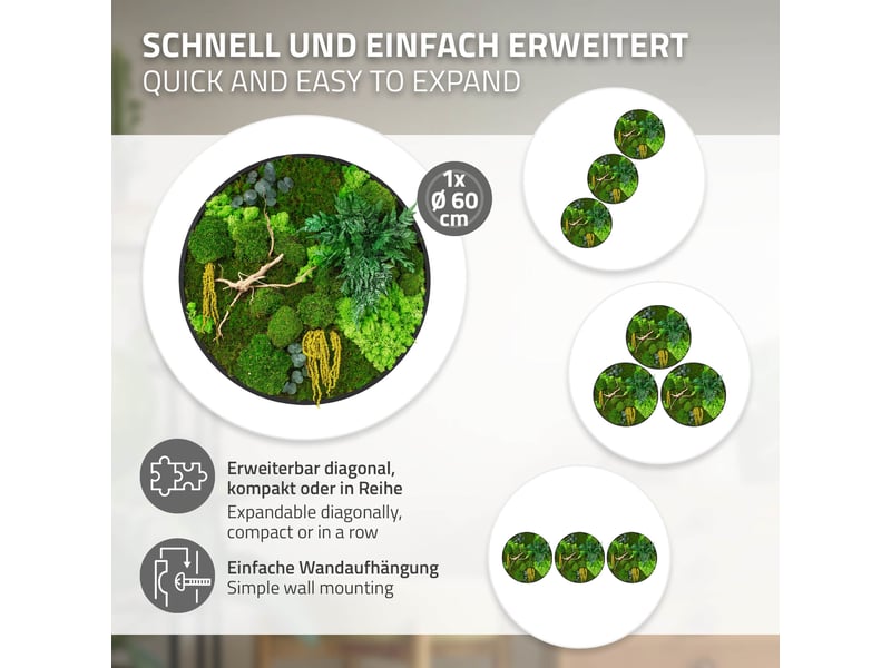 Ecd germany tableau végétal mural stabilisé, ø 60 cm, mélange de mousses avec eucalyptus, fougères et bois naturel, effet 3d, sans entretien, cadre mdf rond, décoration d'intérieur, style jungle ECD Germany GmbH - Conforama D