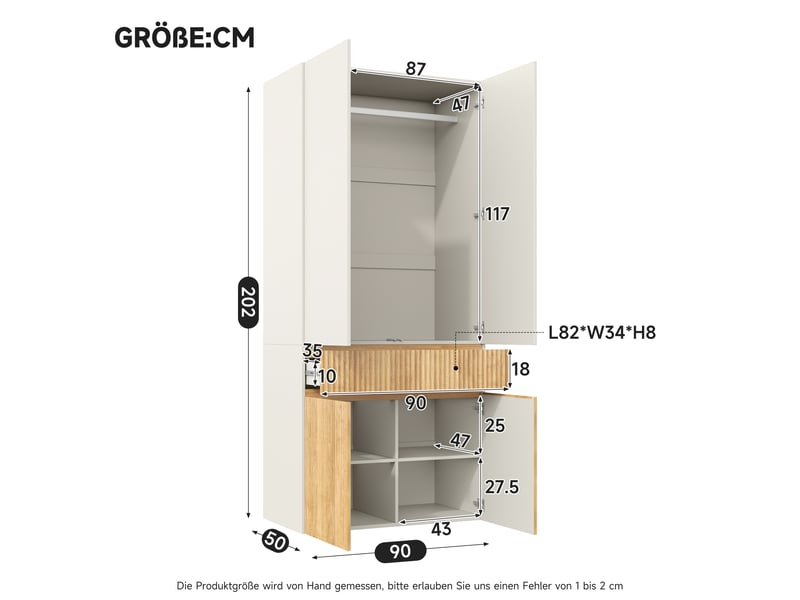 Armoire penderie 90 x 50 x 200 cm - 4 portes - 1 barre de penderie - 1 tiroir - meuble de chambre moderne - gris clair et naturel - Conforama D