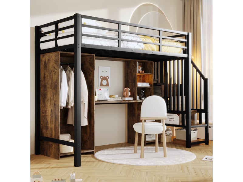  Lit mezzanine métal noir 90x200 cm avec armoire, étagères, escalier et bureau intégré – sans matelas  - Conforama B