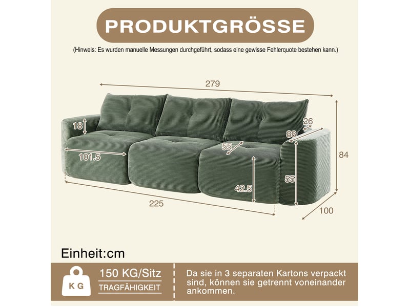  Canapé modulable 3 places couleur vert sauge, configuration 2+1, design arrondi, mousse, revêtement côtelé  - Conforama C
