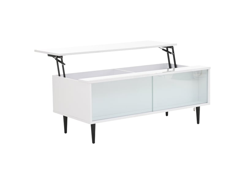  Table basse relevable 105x50 cm avec rangement caché, lumières led et portes en verre trempé, blanche brillante  - Conforama R