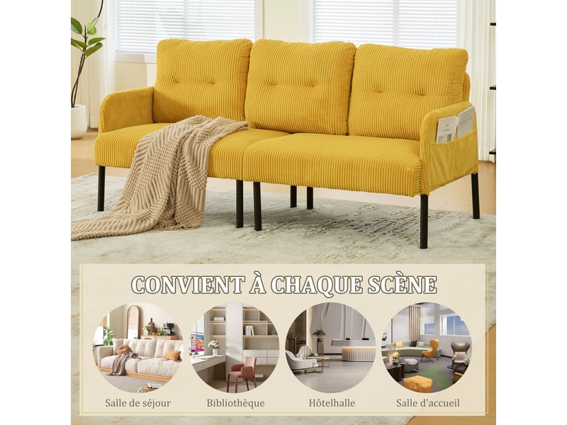  Canapé droit fixe 3 places en velours côtelé jaune 171 x 72 x 80 cm avec poches latérales, salon bureau chambre 171x72x80cm - Conforama W