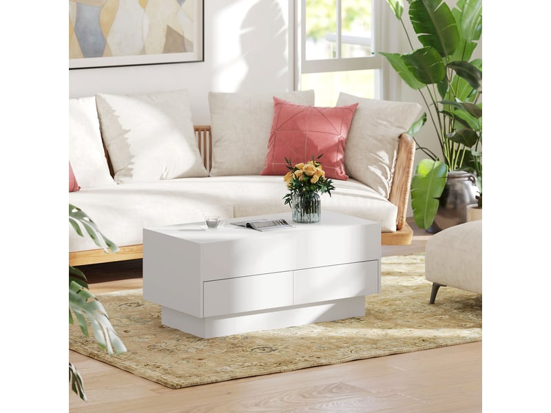 Table basse relevable, table de salon avec compartiment caché et 2 tiroirs, blanc, 100 x 50 x 44 cm - Conforama W