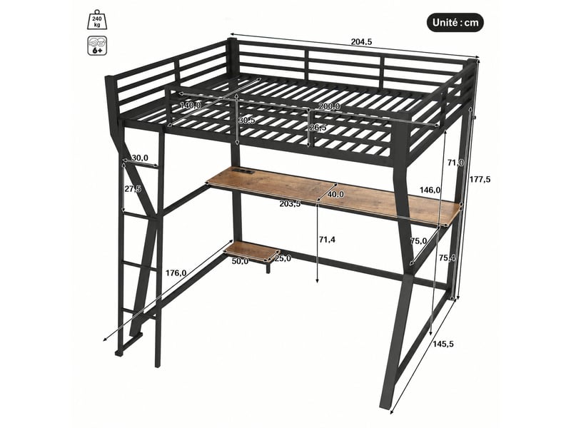  Lit mezzanine 140x200 cm avec bureau intégré, éclairage led télécommandé et prise usb, structure métal et mdf noir  - Conforama C
