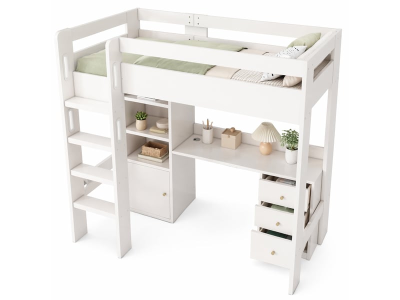  Lit mezzanine enfant 90x200 cm – blanc – bureau usb-c, armoire, étagères et tiroirs – sans matelas  - Conforama A
