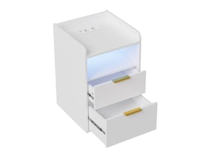 Table de chevet nordique minimaliste blanche 60×40×40 cm, 2 tiroirs avec tiroir caché, éclairage led rgb, station de charge avec prises secteur, usb‑a et usb‑c, compartiment de rangement ouvert
