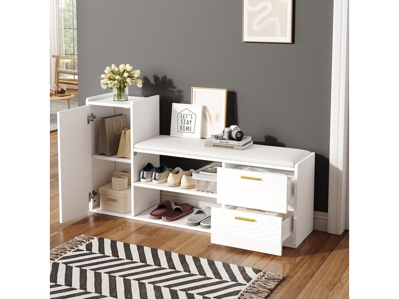  Meuble à chaussures banc laqué blanc 128 cm, 2 tiroirs, 1 porte, assise rembourrée  - Conforama D