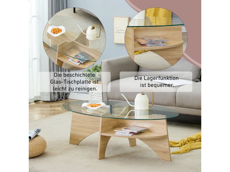  Table basse ovale 104.9×60×35.6 cm, mdf et verre, bois et transparent Fay Lum - Conforama E