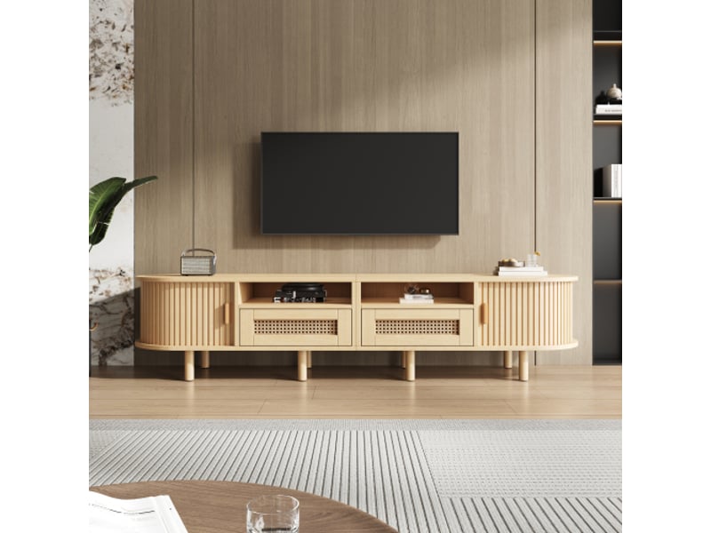  Meuble tv ovale 170 cm avec 2 tiroirs et 2 portes coulissantes aspect rotin bois clair mdf 8 pieds orvryn  - Conforama C