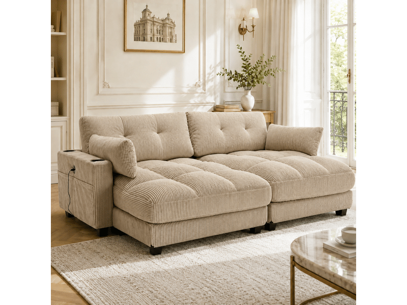 Canapé en velours côtelé kaki avec accoudoirs réversibles, coussins assortis et port usb intégré - Conforama R