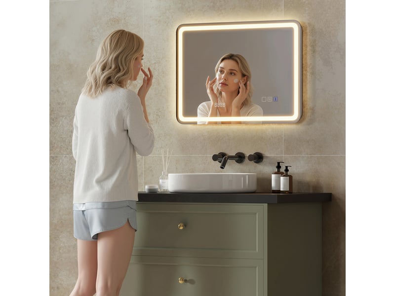  Miroir de salle de bain avec éclairage led 70 x 50 cm, bluetooth, 3 couleurs d'éclairage, horloge numérique, fonction antibuée et fonction mémoire.  - Conforama D