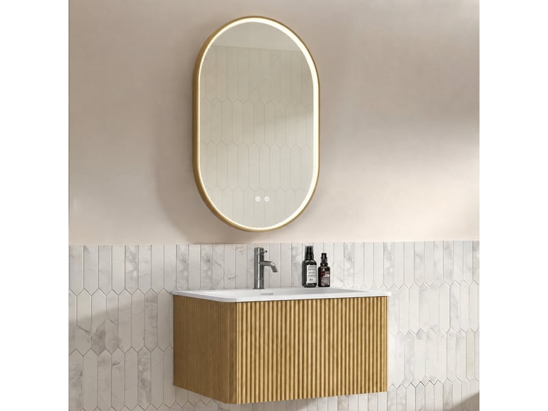  Ensemble meuble vasque suspendu 80 cm avec miroir led, finition chêne  - Conforama B