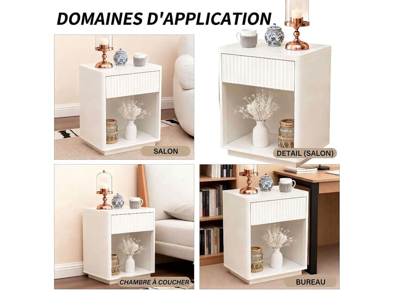 Lot de 2 tables de chevet modernes 55x40x63,5 cm avec 1 tiroir et 1 niche ouverte – bouts de canapé blancs avec façade ondulée et glissières silencieuses – blanc - Conforama C