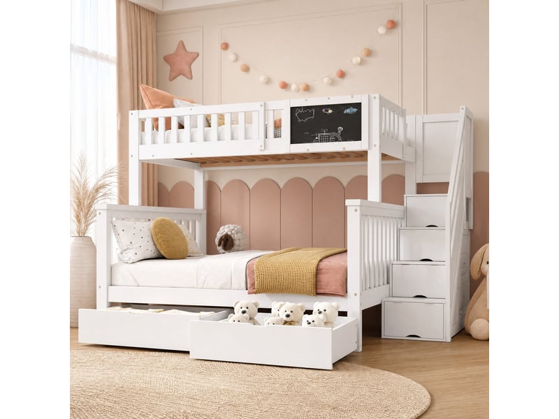  Lit superposé enfant blanc avec tableau et rangements 90 x 200 cm et 140 x 200 cm  - Conforama C