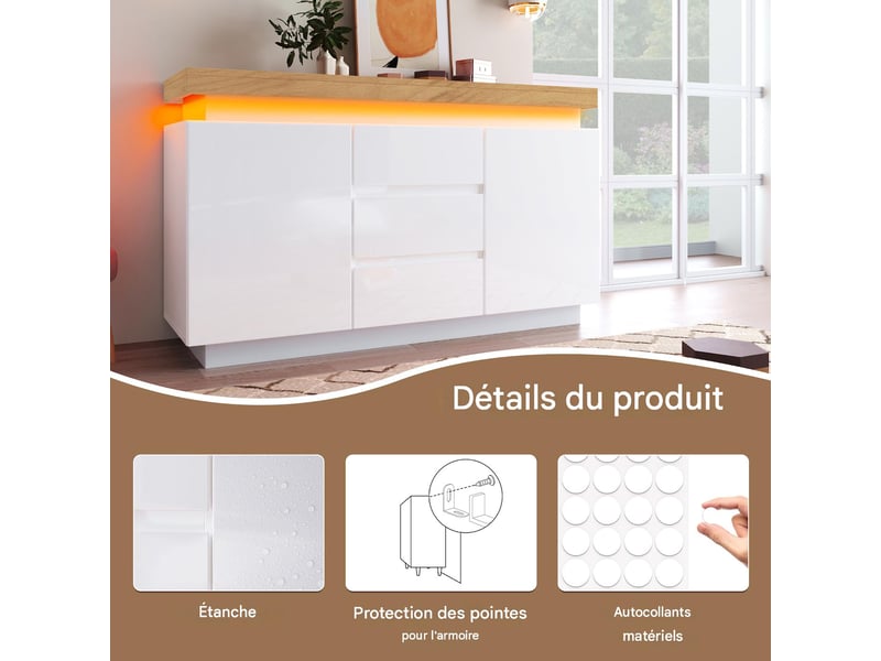  Buffet 2 portes et 3 tiroirs avec led blanc 140 x 39 x 81 cm  - Conforama D