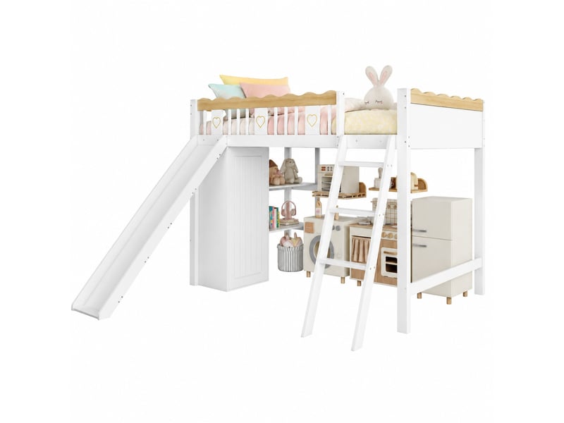  Lit mezzanine enfant avec toboggan, armoire et rangement blanc et naturel 90 x 200 cm  - Conforama A
