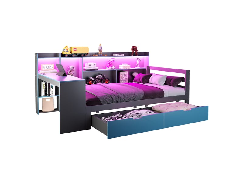  Lit banquette lit simple avec bureau, bibliothèque, 2 tiroirs, led et prises 90×200 cm, sans matelas, noir bleu  - Conforama A