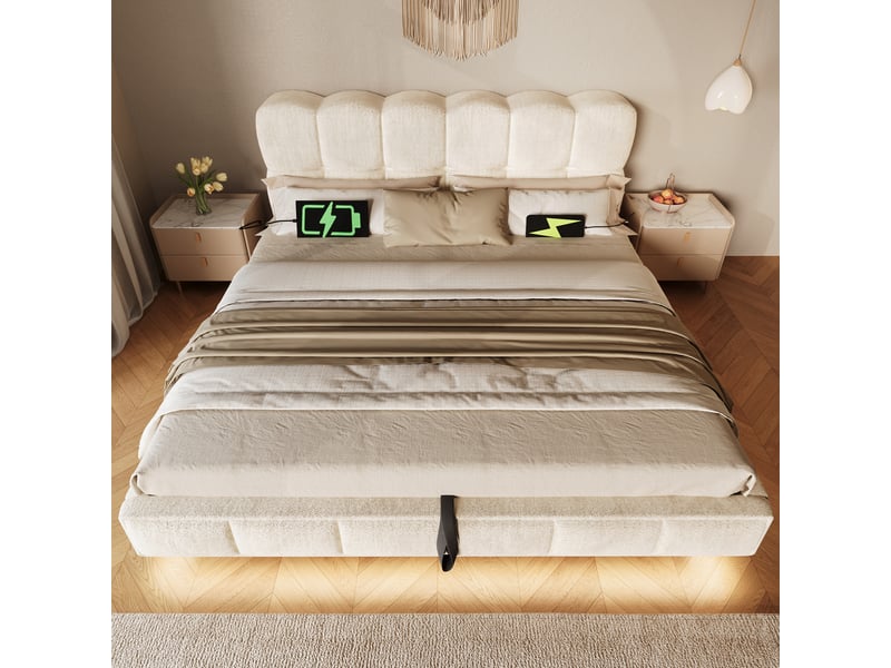  Lit double 140 × 200 cm avec coffre hydraulique, led, ports usb et type-c, en chenille beige pour chambre  - Conforama D