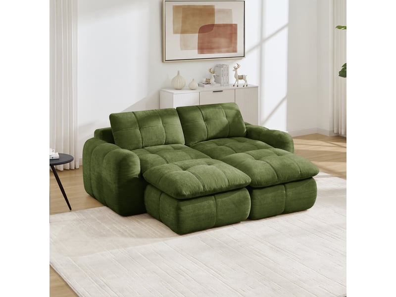 Canapé 2 places - 194 x 160 x 68 cm - canapé modulable en chenille avec 2 poufs amovible et coussins - vert - Conforama C