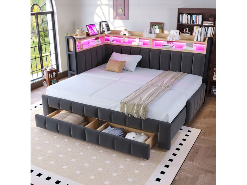  Canapé-lit, 90 x 200 cm, 180 x 200 doté d’un espace de rangement, led, matelas non inclus, mdf et métal, coloris gris  - Conforama B
