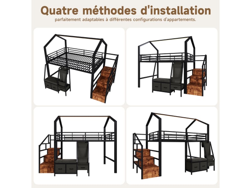 Lit mezzanine enfant 140x200 cm avec escalier rangement, étagères tissu, tiroirs et led, structure métal noire - Conforama E