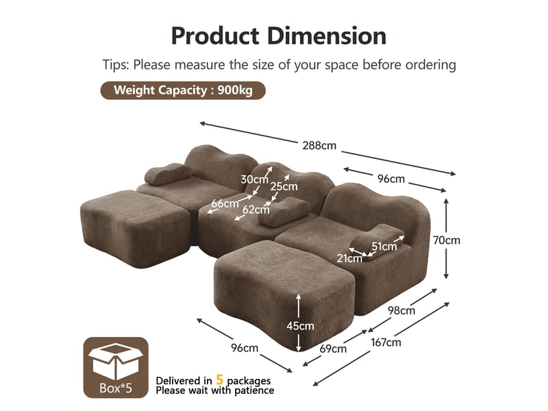 Canapé d'angle modulable en u sans armature avec assise profonde et pouf, en velours brun - Conforama E