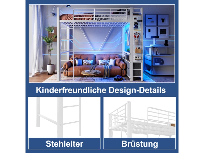  Lit mezzanine 90 x 200cm, structure métal, 4 tiroirs, étagères, led, usb type-c, échelle, sans matelas, blanc  - Conforama D