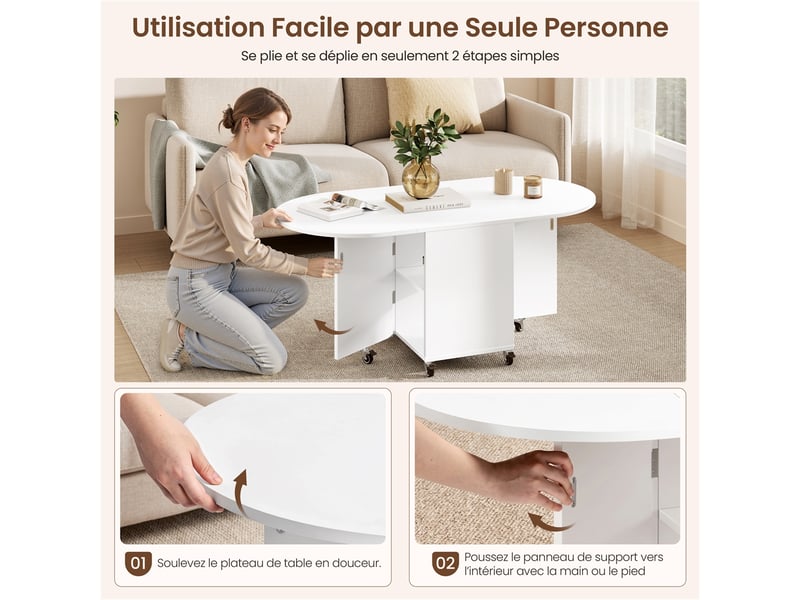  Table basse extensible 3-en-1 4080120x60x50,5 cm avec roulettes et rangement 616416 White - Conforama W