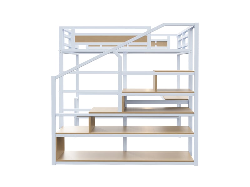  Lit mezzanine 200×140 cm avec bureau, étagères et escalier de rangement, sans matelas, en métal et mdf blanc  - Conforama E