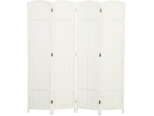 Paravent pliable 4 panneaux avec motif tissé en bois et polypropylène blanc 160 × 1,6 × 170 cm