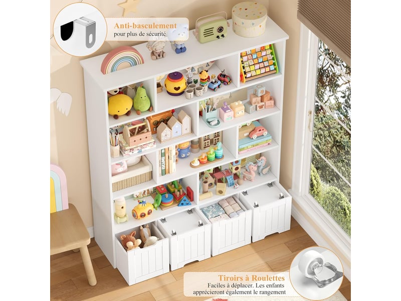 Meuble de rangement enfant bibliothèque enfant avec 11 étagères 4 tiroirs roulants rangement jouet 125.5x33x146cm blanc  - Conforama E