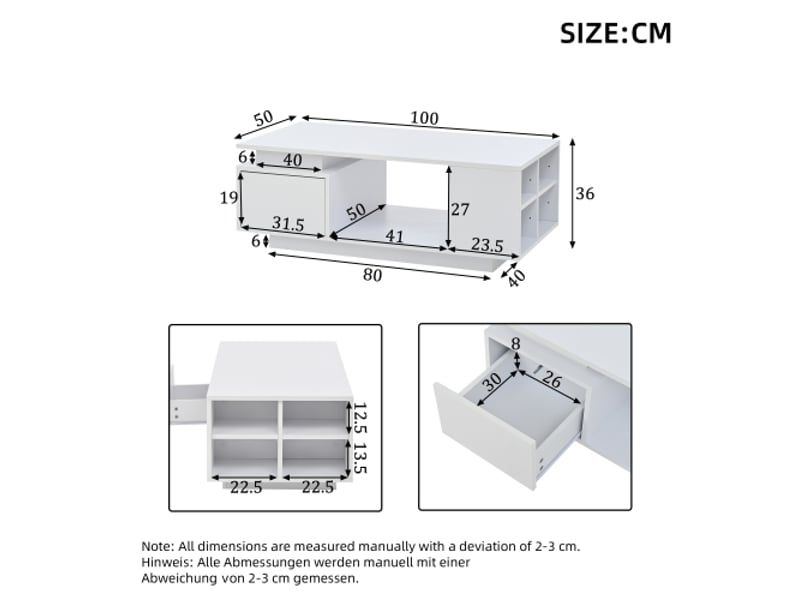Table basse led blanche brillante avec tiroir - rangement latéral et design ajouré au centre - 100x50x36 cm - Conforama C