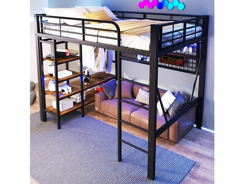 Modenvie lit mezzanine 140x200 cm - avec éclairage led, rangement intégré, sans matelas - noir - Conforama B