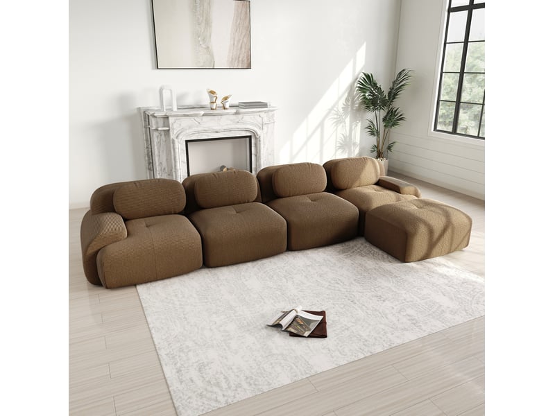  Canapé d'angle modulable ulevr 4 places avec méridienne droite, sans montage, velours côtelé marron 388 x 178 x 70 cm  - Conforama D