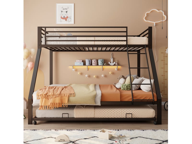  Lit superposé tcqpz 90 x 200 et 140 x 200 cm avec lit gigogne 90 x 190 cm métal noir  - Conforama D