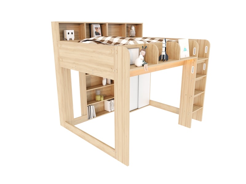  Lit mezzanine enfant 140x200 cm bois naturel, armoire, penderie, rangements et led intégrées IKSETERA TRADING LTD - Conforama A