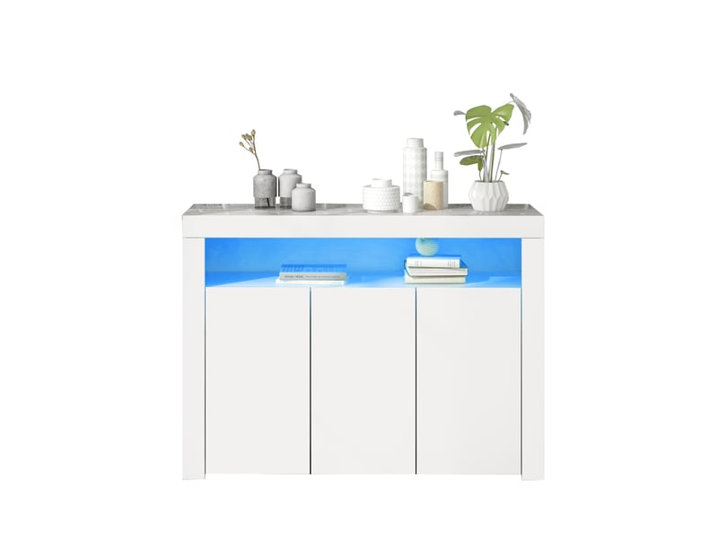  Buffet blanc laqué brillant meuble de rangement 3 portes led 130cm  - Conforama A