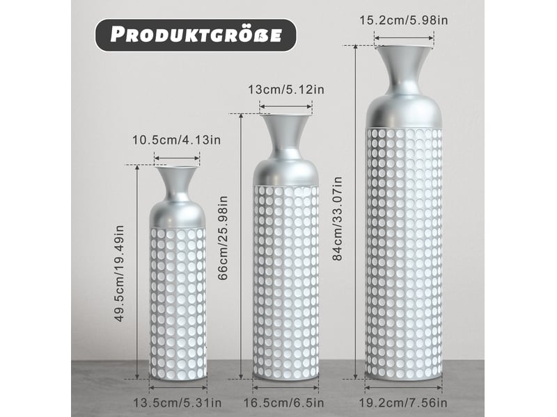  Lot de 3 vases de sol en métal argenté à motif points, hauteurs 49,5 à 84 cm  - Conforama C
