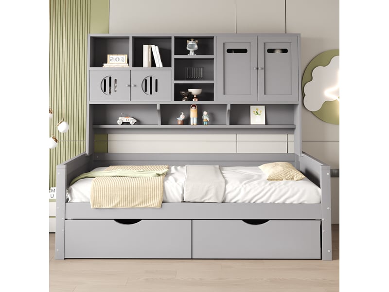  Lit multifonction, 90x200 cm, 2 tiroirs, avec plusieurs espaces de rangement, matelas non inclus, bois, coloris gris  - Conforama D