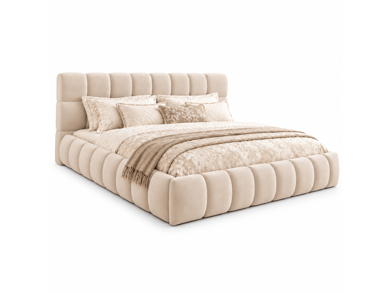  Lit double rembourré 160x200 cm avec tête de lit épaisse et côtés capitonnés, cadre à matelas encastré, sommier à lattes, velours beige, charge 300 kg  - Conforama A
