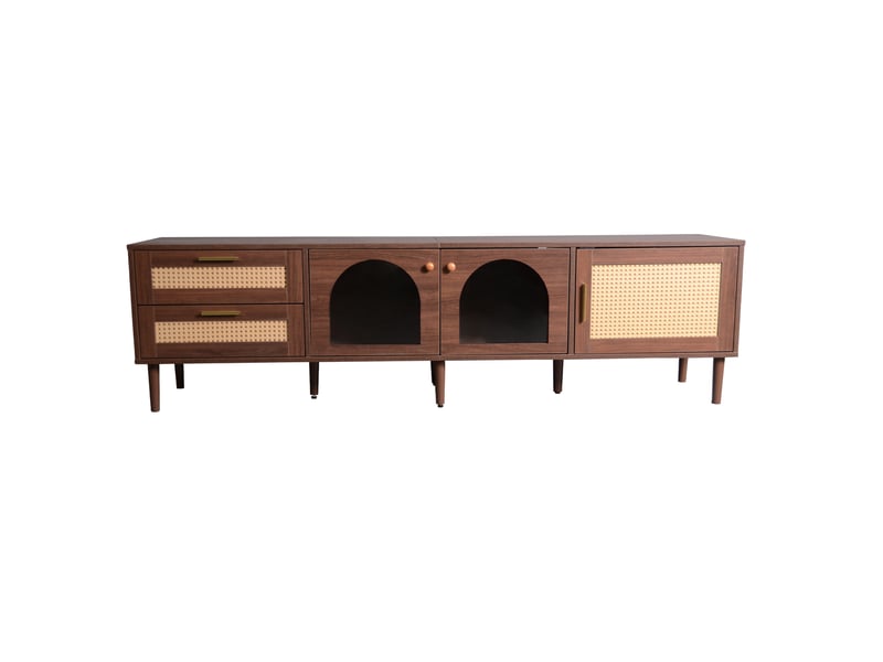 Meuble tv 180 cm pour téléviseur 80 pouces, marron, avec rangement multimédia, tiroirs en rotin, portes vitrées et éclairage led - Conforama A