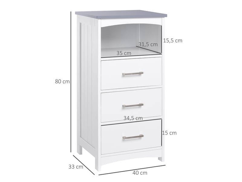  Meuble de salle de bain sur pied meuble de rangement avec 3 tiroirs et 1 niche 40 x 33 x 80 cm blanc  - Conforama C
