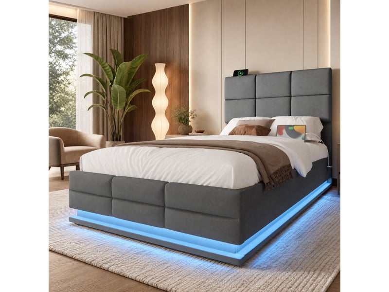  Cadre de lit 90x200 cm avec rangement hydraulique, led et usb, gris foncé  - Conforama B