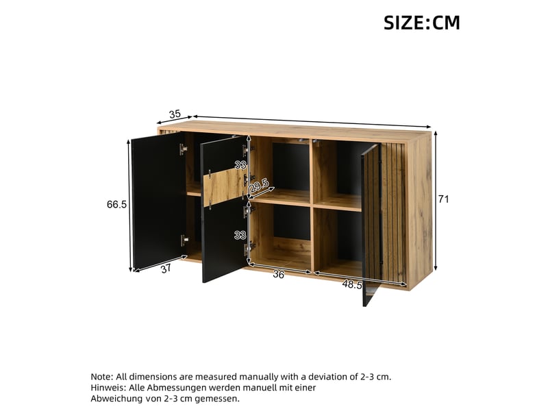  Buffet bas 140x35x71cm, 3 portes, façades ondulées brillantes et rangements fermés, noir et naturel ABC - Conforama C