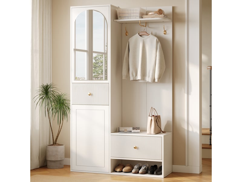  Vestiaire d’entrée blanc avec miroir, patères dorées et tiroirs, 100 x 35 x 175,5 cm  - Conforama B