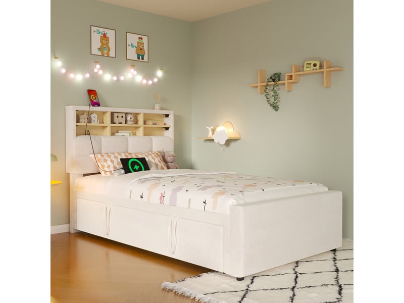  Lit pour enfant 90 x 200 cm – avec lit gigogne – avec port usb-c – velours – beige (matelas non inclus)  - Conforama W